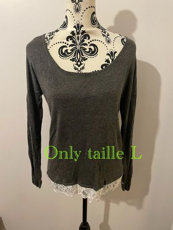 Pull gris à manches longues col rond dentelle blanc en bas neuf only taille L