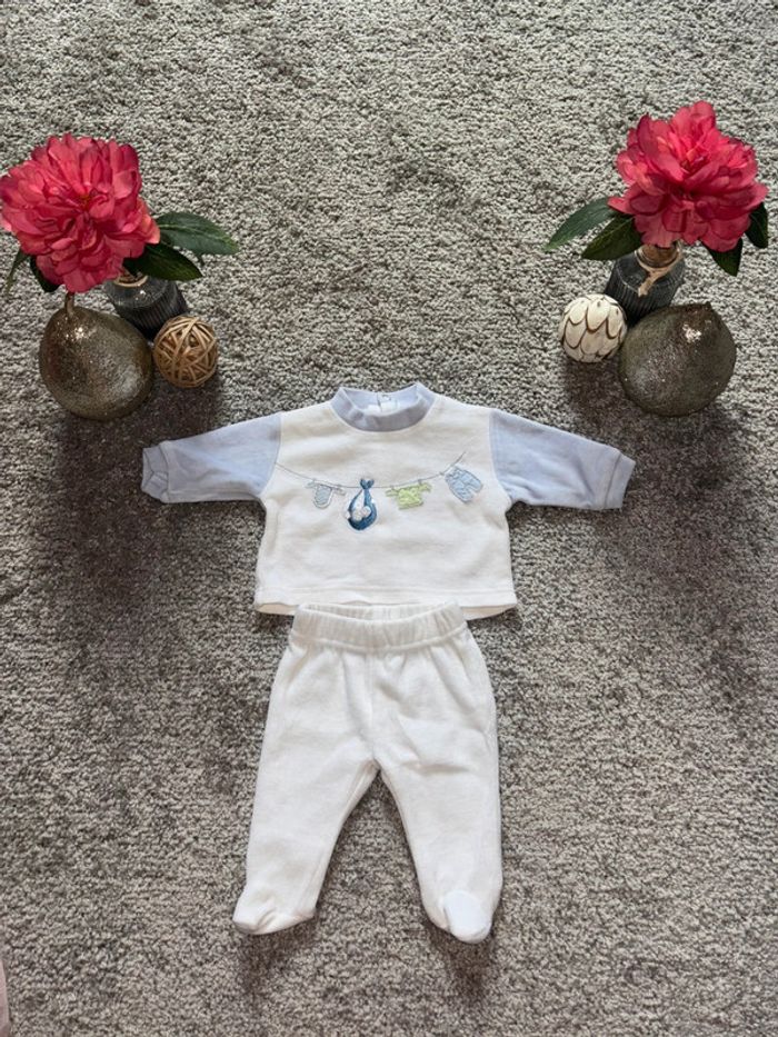 🌺Ensemble T-shirt et pantalon blanc et bleu en effet velours Taille 00mois/Naissance🌺