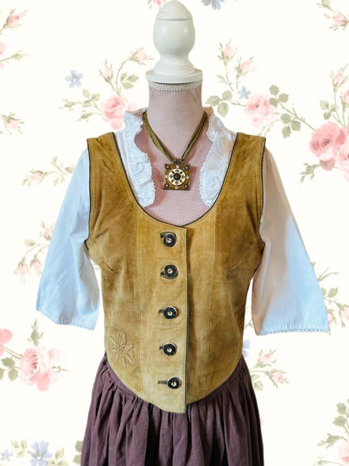 🤎🌿Gilet cuir vintage daim naturel autrichien cottagecore forest leather sleeveless jacket🌿🤎