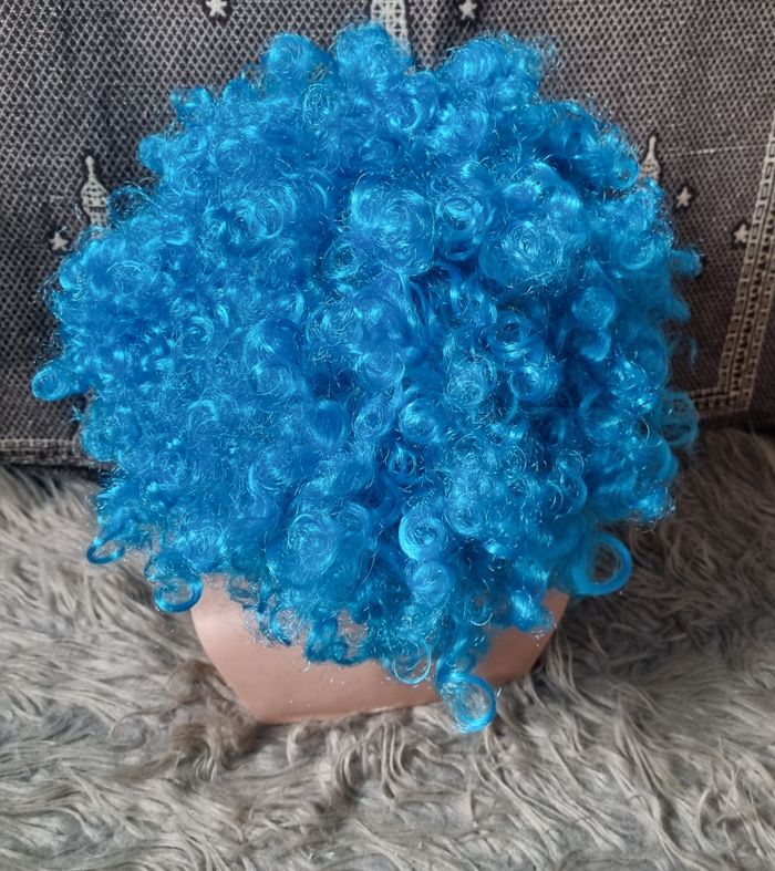 Perruque de clown ,cosplay ou autres bleu bouclés - photo numéro 4