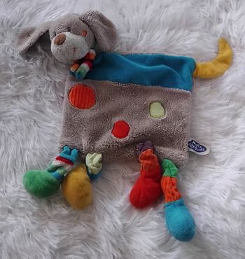 Doudou plat chien gris , bleu turquoise- Cercles- Mots d Enfants