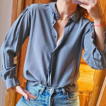 Chemise vintage en soie gris/bleu