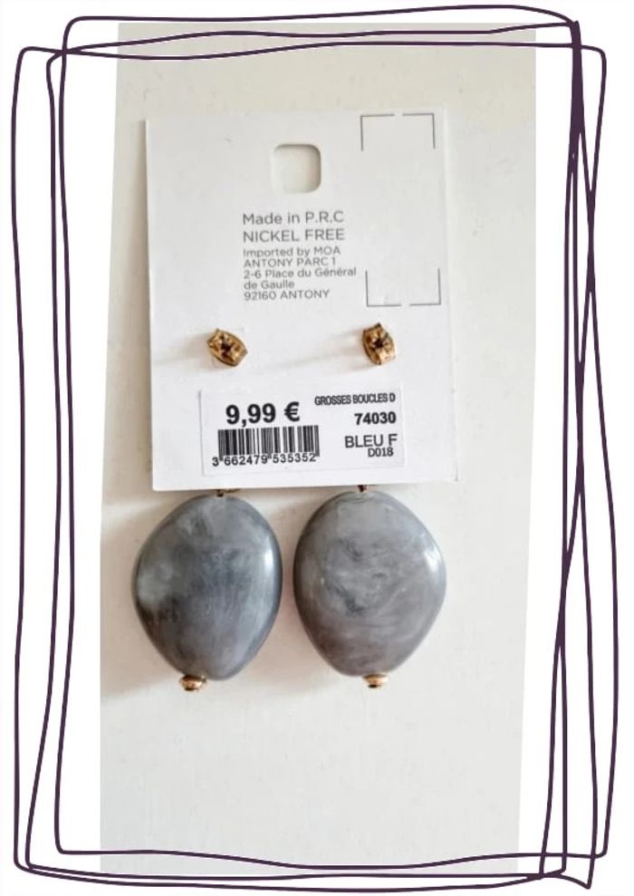 Boucles d'oreilles fantaisies dorées et pierre grise moa neuve avec étiquette - photo numéro 2