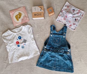 Ensemble Obaibi t-shirt + robe salopette en jean 12M (BE)