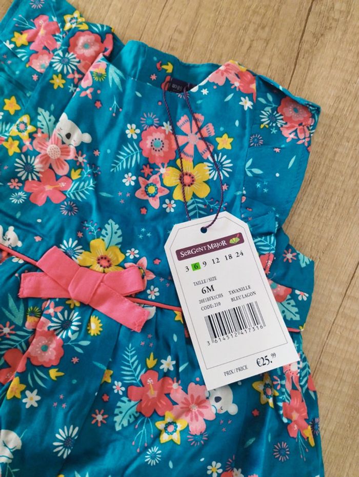 Robe sans manches fille bleu canard et fleurs taille 6 mois Sergent Major - photo numéro 3