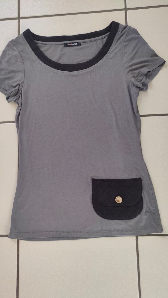tee shirt gris/noir taille 36 MORGAN avec petite poche couture - photo numéro 3