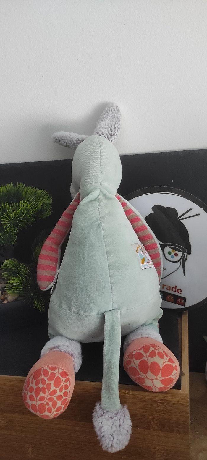 Doudou ane cheval bleu rouge beige rayé Biscotte et Pompon moulin roty peluche - photo numéro 2