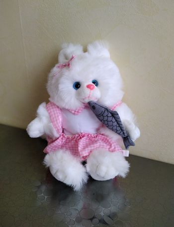 Nounours / Peluche chat blanc avec poisson