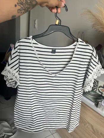 T shirt manche courte marinière dentelle