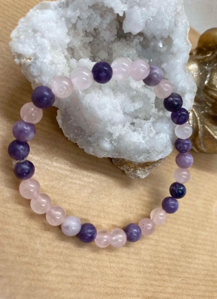 Bracelet lepidolite et quartz rose 18,5 cm , lithothérapie - photo numéro 2