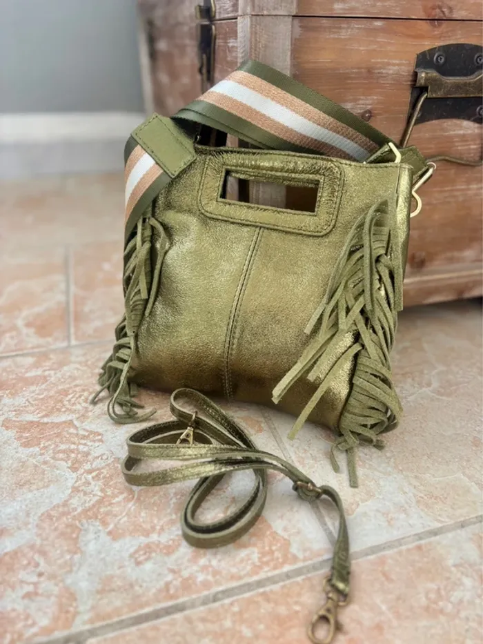 Sac bohème cuir vert irisé franges et 2 bandoulières - photo numéro 11