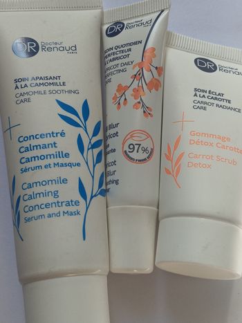 Lot 3 produit d renaud  soin apaisant a la camomille concentre calmant serum et masque 50ml + soin quotidien perfecteur  à l'abricot  base lissante  15ml / soins eclat à la carotte  gommage  20ml