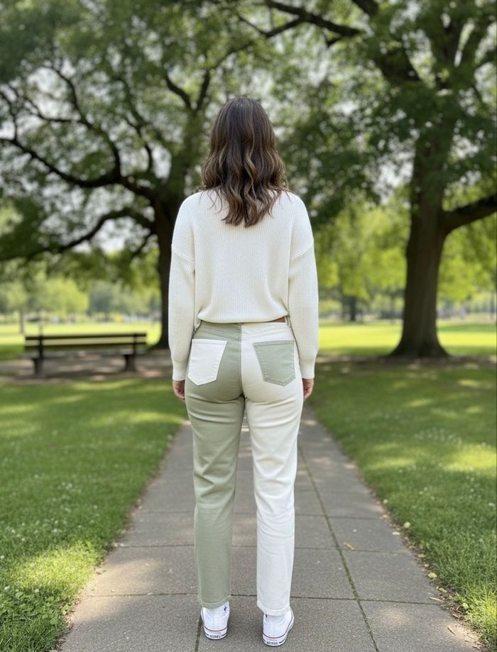 Jean de coupe droite coton bi-coloré vert/crème 38 jeune femme bershka état neuf y - photo numéro 2