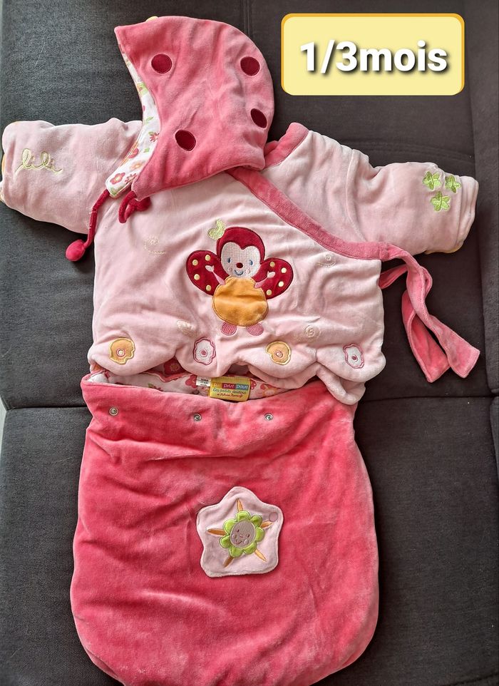 combipilote nid d'ange manteau et bonnet dim dam doum papillons de katerine roumanoff 1mois 3mois
