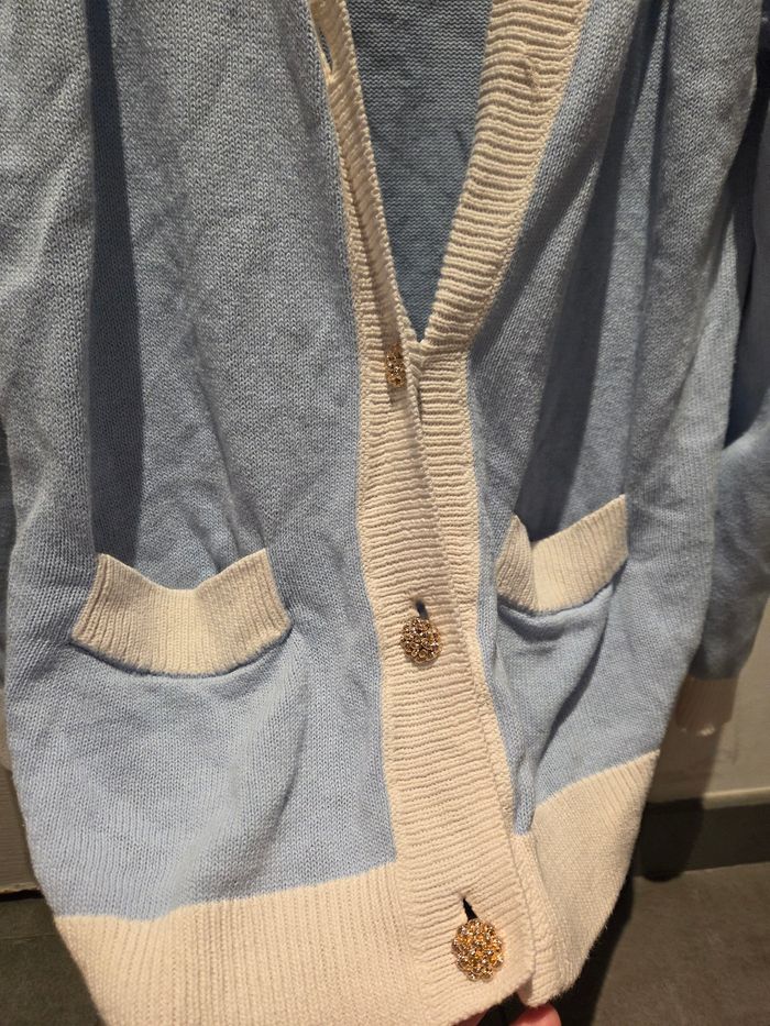 Cardigan bleu et blanc avec bouton doree - photo numéro 3