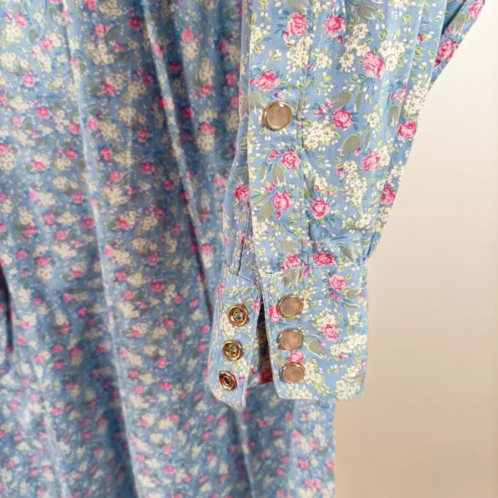 Chemise vintage fleurie Cordovan taille L bleu ciel à fleurs roses coupe droite A1496 - photo numéro 8