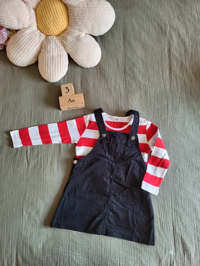 Ensemble robes salopette et t-shirt manches longues marinière 100% coton rentrée automne - photo numéro 2