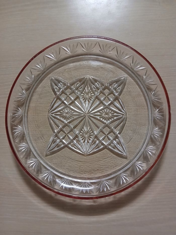 Plat rond en verre vintage motif feuilles mauve sur le rebord 23x23 cm - photo numéro 5