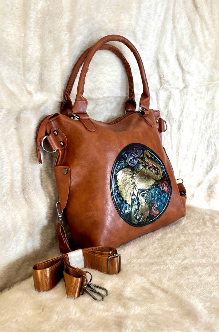 Sac bohème chic marron simili cuir éléphant gravé style ethnique voyage original neuf - photo numéro 2