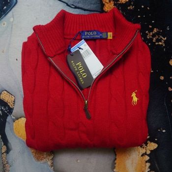 Half zip Ralph Lauren rouge 1/4 col camionneur torsadé logo brodé jaune taille M