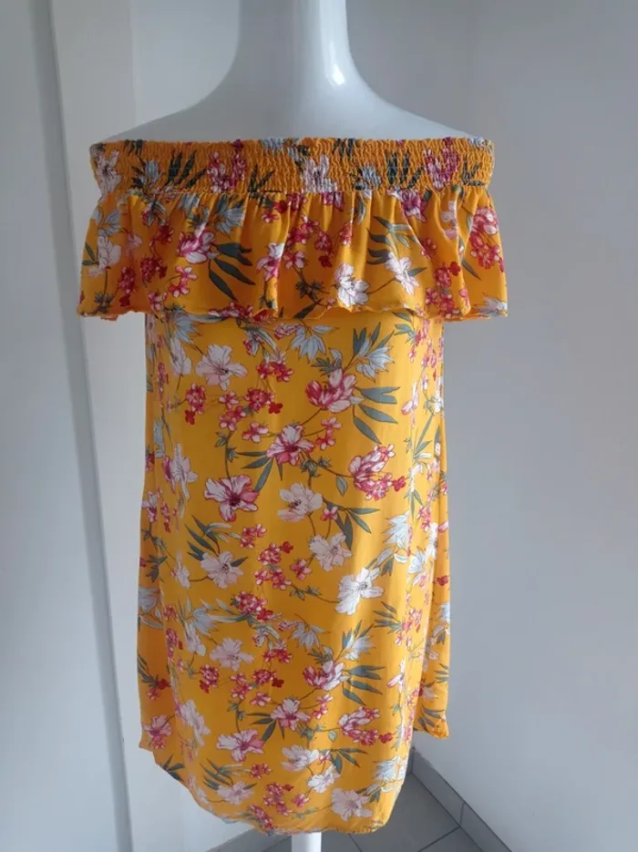 Robe jaune imprimé fantaisie fleurs épaules dénudées ou non T.S Pimkie - photo numéro 2