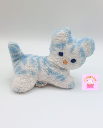Ancien doudou peluche chat blanc bleu PASTEL grelot 18 cm Vintage yeux bleus