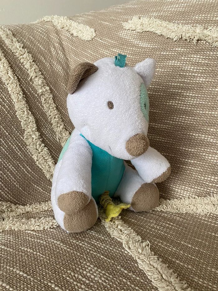 Peluche doudou musical 28cm Bébé 9 renard blanc et bleu très bon état - photo numéro 2