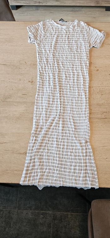 Robe longue d été, légère, à manches courtes, blanche ligne gris, Atmosphère, T 32, nickel