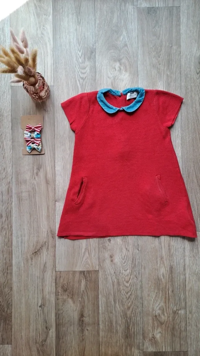 Robe rouge Cyrillus à col claudine bleu jean 18 mois