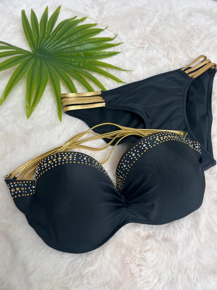 bikini bandeau noir et doré