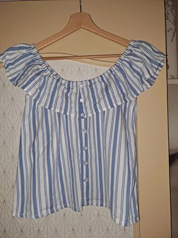 Jolie blouse sans manche bleu blanche Jennyfer étiquette coupée M 1 mini tâche qu'on ne voit pas