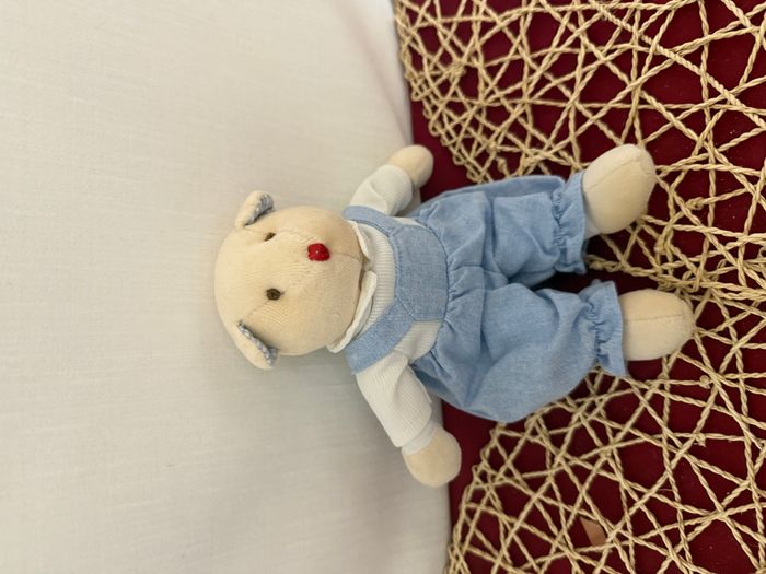 Doudou Peluche Ours Salopette Bleu Nez Rouge Jacadi 22 cm - photo numéro 4