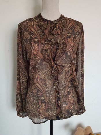 Chemisier voile transparent motifs cachemire marrons et noirs, aisselles 51 cm, Celaia, taille 42