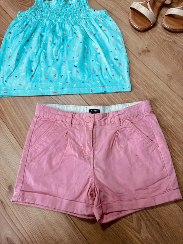 Taille 6 ans tenue 2 pièces été fille Kiabi bleue turquoise et rose pale * feuilles * 🌷 - photo numéro 3