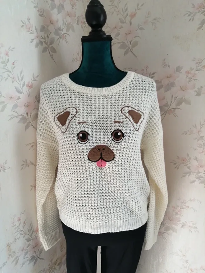 Pull en maille crème broderie chien / fb sister / (XS) - photo numéro 3