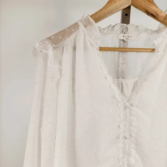 Blouse blanche romantique à plumetis transparents – Kilky Paris – taille M/L A1318 - photo numéro 4