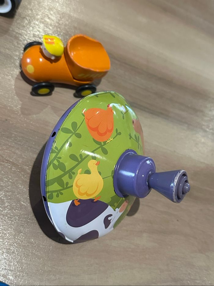 Lot de 9 jouets enfant bébé premiers âge en bois : voitures, clés sonores, toupie métal Janod - photo numéro 5