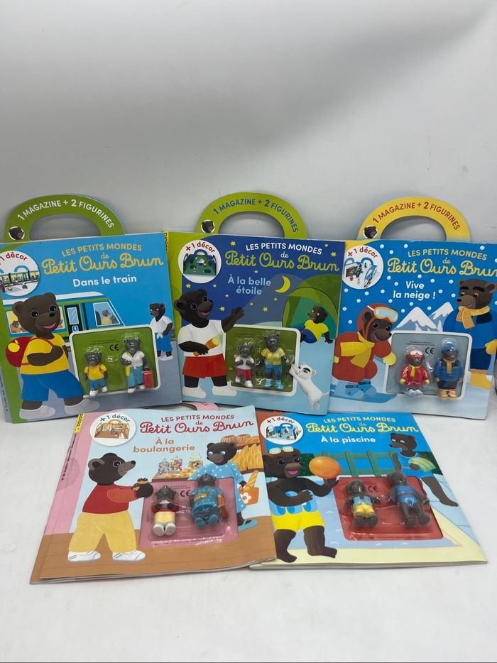 Lot de 5 livres magazines les petits mondes de Petit ours brun avec ces figurines Neuf    /