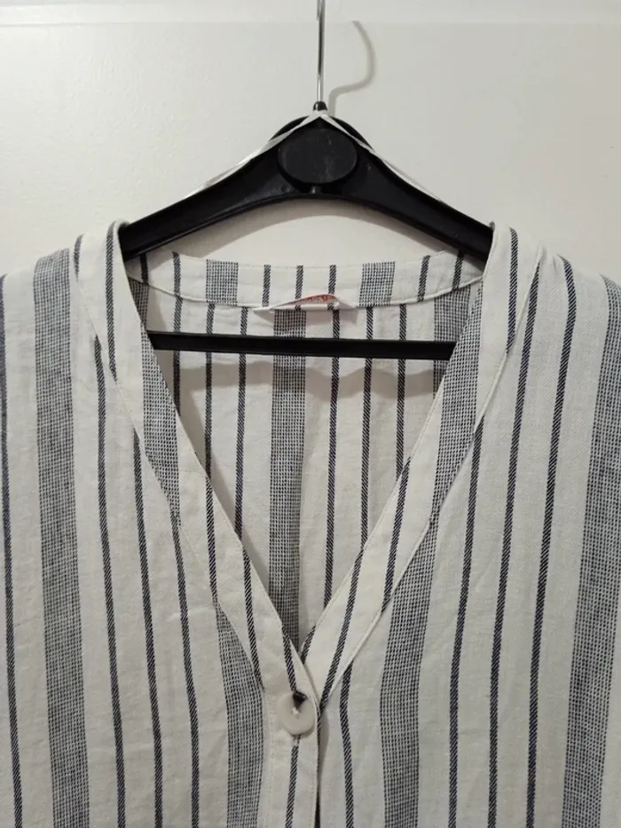 Robe femme camaïeu lin été manches longues boutons a rayures blanches et noires taille XXL - photo numéro 3