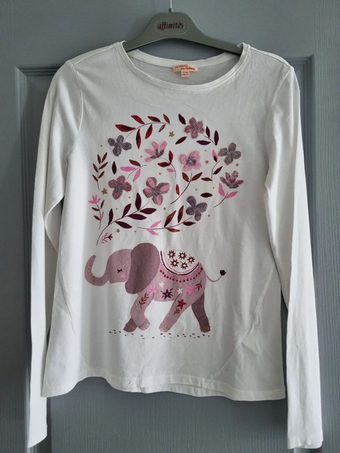 T-shirt à manches longues fille - Taille 12 ans (152cm) - DPAM - Blanc et rose - photo numéro 2