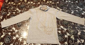 Tee-shirt manches longues gris imprimé sac paillettes dorées