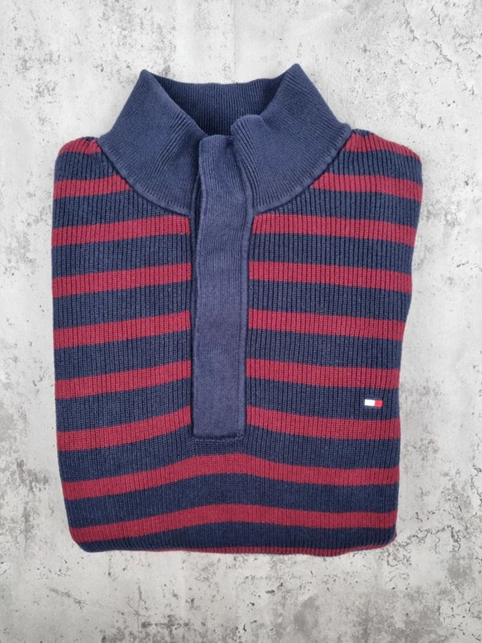 Pull à pressions Tommy Hilfiger rayé bordeaux & marine – Taille 3XL Homme (mesures en photos) - photo numéro 2
