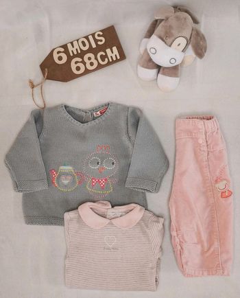 Ensemble 👣 3pieces,  pull  dpam,  pantalon  velours  okide, bodie col  claudine tao,  6mois/67cm