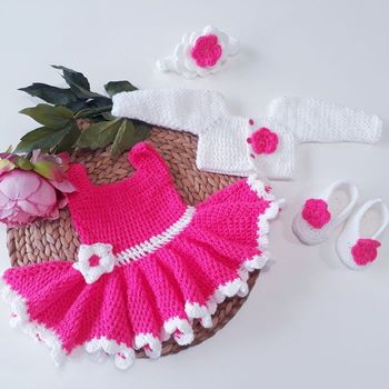 Vêtement bébé fille robe ballerines bandeau et gilet boléro  crochet  3 mois
