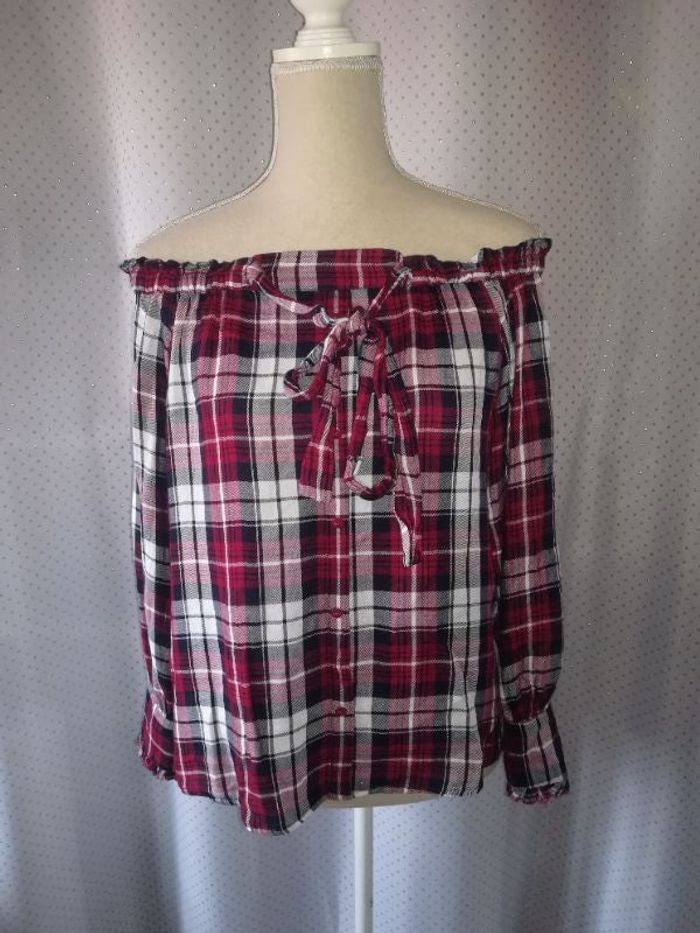 Blouse Mango à carreaux, épaules dénudées, taille S, TBE