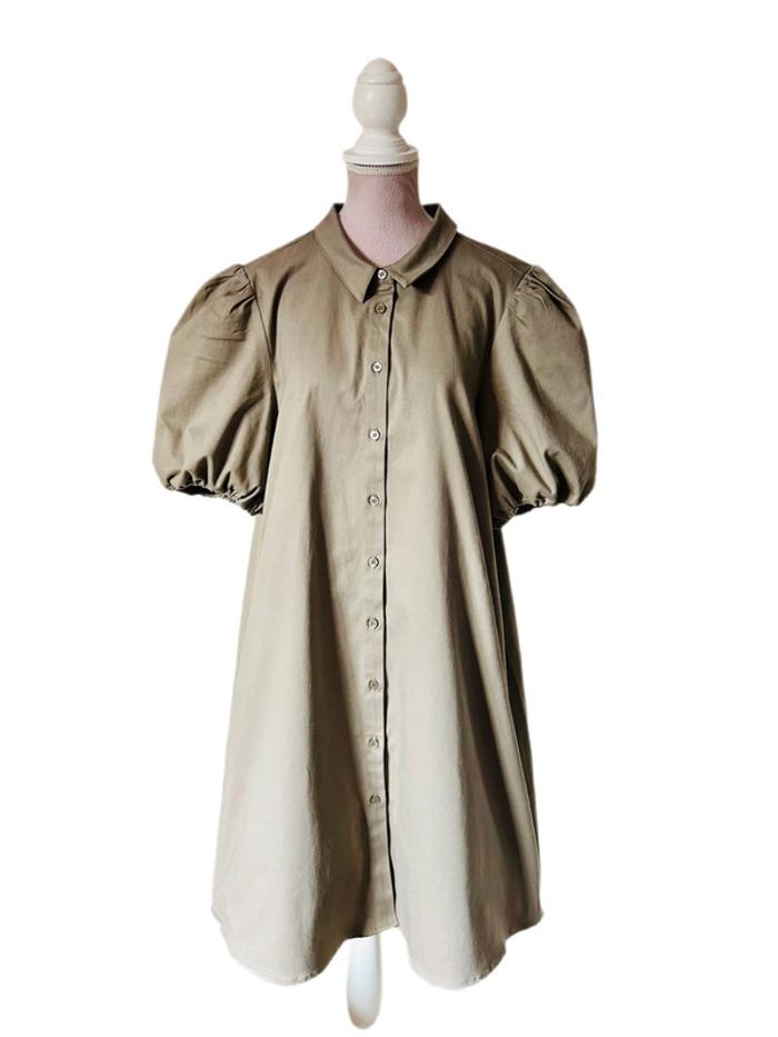 🧡🌿Robe chemise manches bouffantes taille 42 gris taupe chic & décontracté Puff Sleeves short dress🌿🧡 - photo numéro 12
