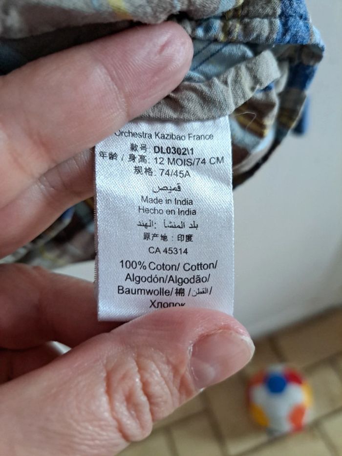 Chemise manche longue a capuche à carreaux bleu et marron 12mois orchestra - photo numéro 6