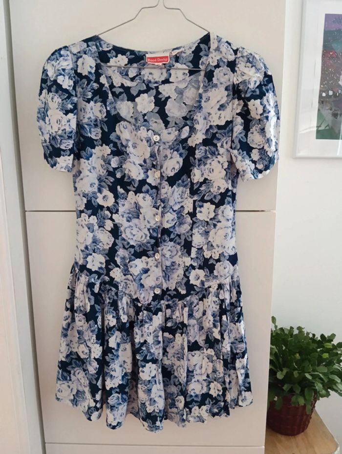 Robe courte vintage à fleurs blanc bleu René Derhy