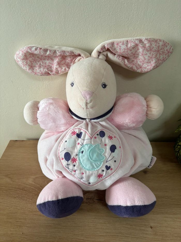 Doudou lapin boule patapouf rose oiseau bleu grelot kaloo