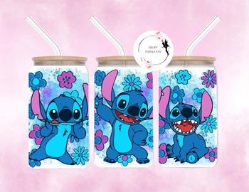 Stitch fleur bleu - Gobelet en verre